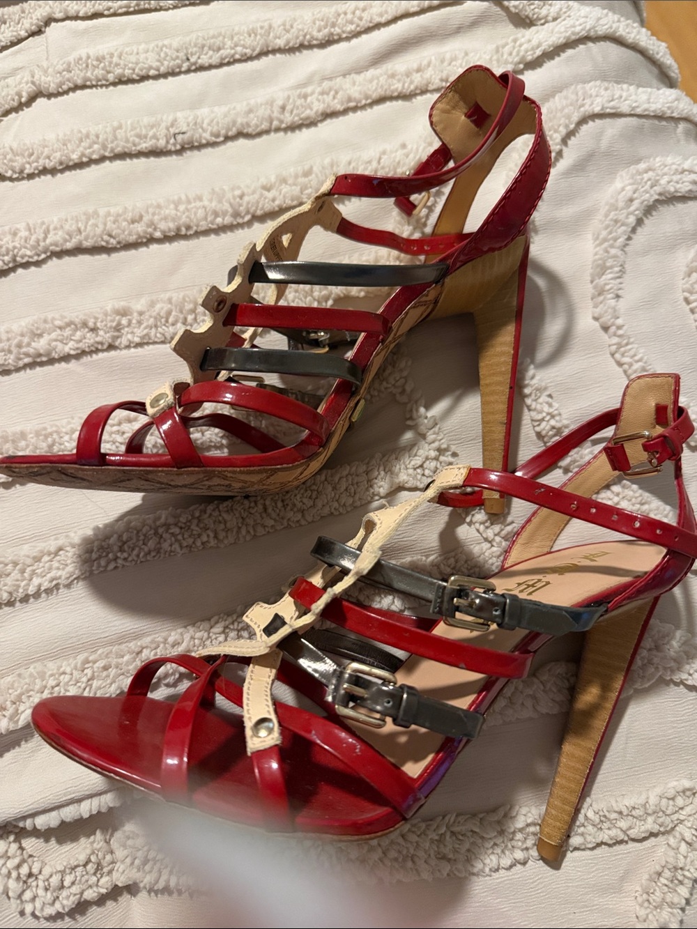 L.A.M.B. Gwen Steffani Red Cream Strappy Sandals